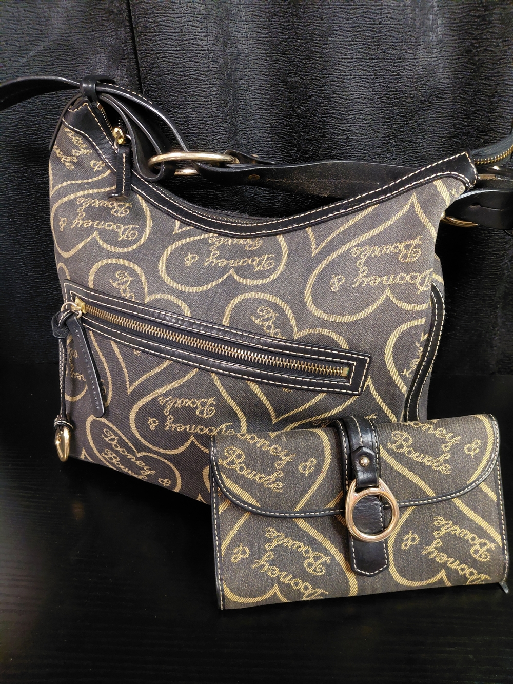 Dooney & Bourke Black and Brown Heart-Print Shoulder Bag with Matching Wallet